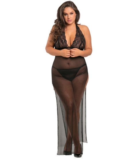 Nuisette longue grande taille fendue transparente 